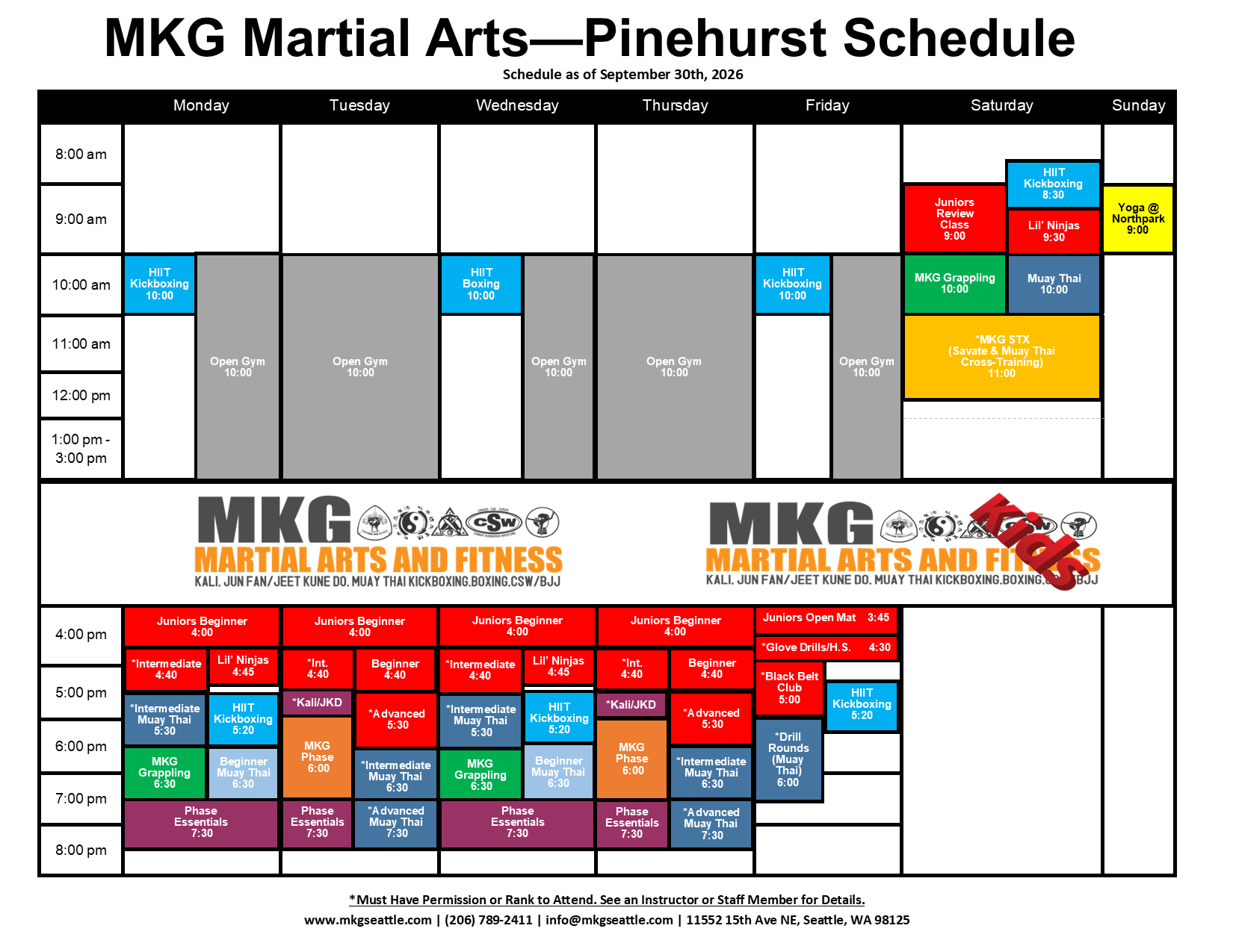 MKG Seattle – Pinehurst Martial Arts & Kickboxing Schedule 2026